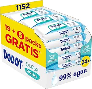 Dodot Pure Aqua Wipes for Baby, 1152 Wipes (24 Packs of 48 Units), Helps Restore the Natural PH of the Skin, 99% Water, Plastic-Free