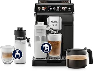 De'Longhi Eletta Explore Perfetto Superautomatic Coffee Maker, LatteCrema Automatic Milk Jug, 50 One-Touch Drinks, Color Touch Screen, Dark Grey (ECAM452.57.G)