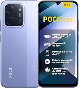 XIAOMI POCO C85 - 6+128GB Smartphone, 50MP Dual Camera with AI, 6.9 Immersive Display, Powerful Octa-Core Processor, 33W Fast Charge, 6000mAh, Charger Not Included, Purple (ES Version)