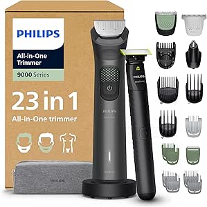 Philips 23-in-1 9000+ OneBlade All-in-One Trimmer Series - Face Head and Body Hair Trimmer - 27 Lengths (0.2-20mm), Rechargeable, MG9561/30