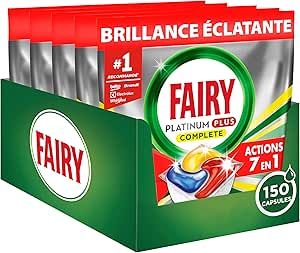 Fairy Platinum Plus Lemon All-In-One Dishwasher Capsules, 150 Capsules, Our Best Clean That Leaves Dishes Like New, Eliminates Lack Of Shine And Prevents Lime