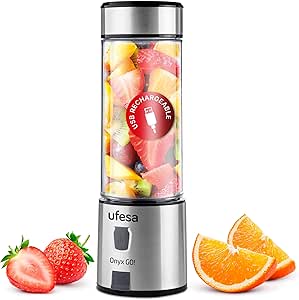 Ufesa Onyx Go! Rechargeable Portable Blender, USB Charging, Up to 20 Uses per Charge, 5100 mAh Battery, 400 ml Tritan Bottle, Sport Lid, Body and 6 Stainless Steel Blades
