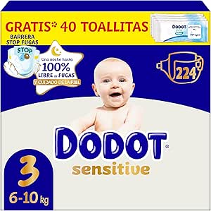 Dodot Sensitive Baby Diapers, Size 3 (6-10 kg), 224 Nappies + Gift of 40 Aqua Pure Wipes, 99% Water, Up to 12 h Leakage Protection and Skin Care, Monthly Pack