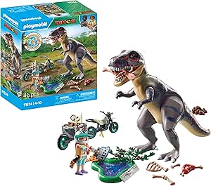 PLAYMOBIL Dinos 71524 T-Rex and Tracker, Exciting Quest for Tyrannosaurus Rex, with Motorcycle, Camera and Real Dinosaur Bones, Detailed Toys for Kids Ages 4 and Up
