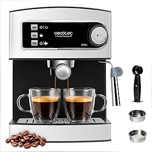 Cecotec Power Espresso 20 Elite Manual Express Coffee Maker, 850W, Pressure 20 Bars, 1.5L Reservoir, Double Output Arm, Steamer, Cup Warmer, Stainless Steel Finish