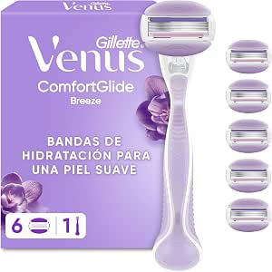 Gillette Venus ComfortGlide Breeze Women's Razor, 6 Refills | 1 Ergonomic Handle + 6 Razor Blades with 3 Blades and Gel Sticks for Smooth, Close and Durable Hair Removal