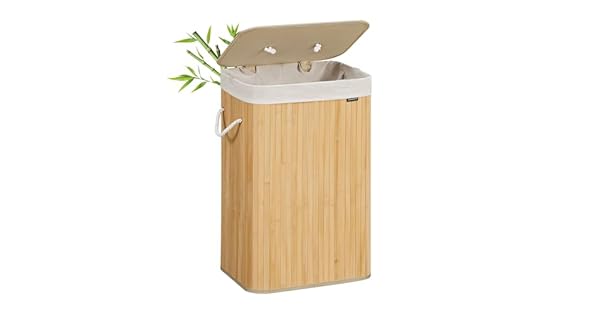 SONGMICS Cesto de la Ropa Sucia con Tapa 72 L Cesta de Lavandera de Bamb Plegable con Bolsa Lavable Extrable Asas para Lavandera Dormitorio Natural LCB10Y