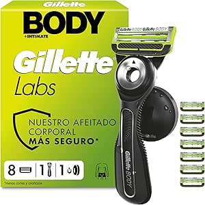 Gillette Labs Body + Intimate Men's Body Razor, 8 Refills | Rubber Handle, Ingrown Anti-Hair Bar Blade, Magnetic Support, Intimate Hair Removal, Male Body Shaving