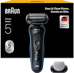 Braun Series 5 Men's Electric Shaver, 52-B1600S, Blue | 50 Min Use Waterproof Rechargeable Shaver with Body Trimmer Head 2 Shaving Modes