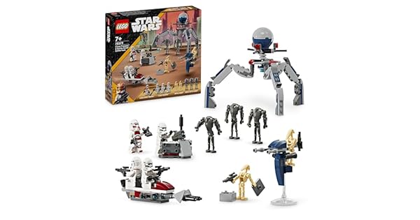 LEGO Star Wars Pack de Combate Soldado Clon y Droide de Combate Juguete Infantil Moto Speeder de Juguete Figura TriDroide y Puesto Defensivo Regalo para Nios y Nias de 7 Aos o Ms 75372