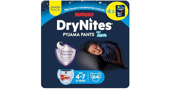 Huggies DryNites Paales de Noche para Nio 47 1730 kg Clnicamente Probado con 5 Capas de Mxima Proteccin Nocturna 4 Packs de 16 Total 64 Calzoncillos Absorbentes