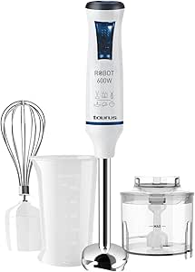 Taurus - Robot 600 Plus Stainless Steel Hand Blender, 600W Power, 20 Speeds and Turbo, Stainless Steel Blade, Turbo Rotation System, Ergonomic, Includes Accessories, Blue and White