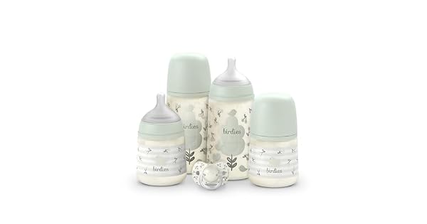 Suavinex Set Biberones Recin Nacido Pack Regalo con 2 x 270 ml Flujo Medio  2 x 150 ml Flujo Lento  Chupete de 0 a 6 Meses Tetinas Fisiolgicas SX Pro de Silicona 5 Pcs 0M Birdies Verde
