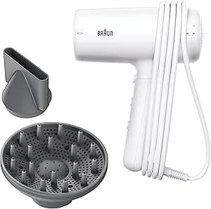 Braun HD2.21 Hair Dryer - Powerful Hair Dryer with Diffuser and Drying Nozzle, IONTEC Technology, 2200W Motor, 3 Temperature and 2 Speed Settings, White Gloss Finish - BRHD226E