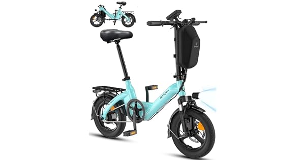 Bodywel T16PRO Bicicleta Elctrica Plegable 14 Mini EBike 45 Pulgadas Pantalla LED Batera 36V78Ah Frenos de Doble Disco y Suspensin Delantera Aqua AzulPortaequipajes Trasero