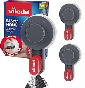 Vileda Set of 3 Adhesive Hooks - Self Adhesive Hooks Strong up to 3kg - Versatile Self Adhesive Wall Hook for Bathroom, Kitchen and Home - Easy Installation No Drilling | Self Adhesive Tile Glass Mirror Removable Without Residue Waterproof Bathroom Shower