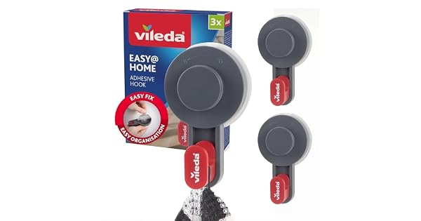 Vileda Juego de 3 ganchos adhesivos  Ganchos autoadhesivos y fuertes hasta 3 kg  Gancho de pared verstil autoadhesivo para bao cocina y hogar  Fcil instalacin sin taladrar