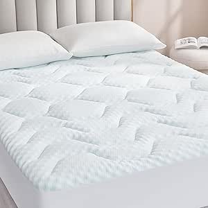 EHEYCIGA Memory Foam Topper 150 x 200 3 cm, Bamboo Viscose Mattress Topper, Memory Foam Mattress Toppers, Mattress Topper for Breathable Gel Removable and Washable, White