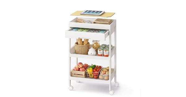 SONGMICS Carro de 3 Niveles Carrito de Cocina con Ruedas con Bandeja Extrable y Cajn de Plstico Fcil de Montar Blanco y Roble Dorado BSC069W101