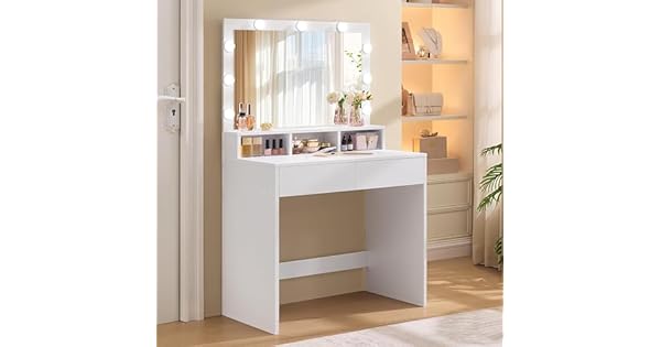 VASAGLE KAILYN Coleccin  Tocador Mesa de Maquillaje con Espejo y Luces LED con Brillo Ajustable 2 Cajones y 3 Compartimentos Moderno Blanco Nube RDT120T10