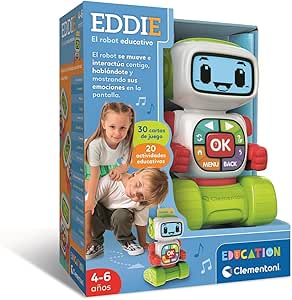 Clementoni Eddie Educational Robot – 30 Double-Sided Cards + 20 Educational Activities (Letters, Numbers, Emotions, Instruments, Shapes) with LCD Screen – Children from 4 to 6 Years – 55617