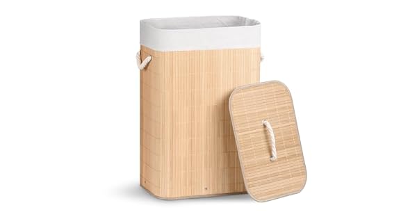 VOUNOT Cesto para Ropa Sucia Plegable Cesta de Bamb con Tapa y 2 Bolsas Lavables Extrables Rectangular 72L para Lavandera Bao Dormitorio