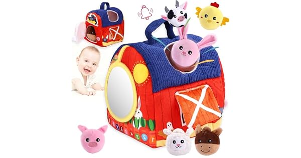 Hopton Juguete para beb a partir de 6 9 y 12 meses juguete educativo Montessori Sensorik juguete de motricidad de granja de peluche con 6 animales sonajero y espejo regalo de cumpleaos para