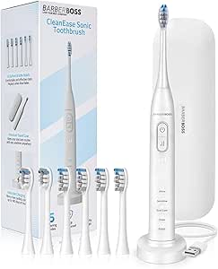 BarberBoss Cepillo dientes eléctrico, 5 modos × 3 intensidades, sensor de presión, temporizador de 2 minutos, 6 cabezales cepillo (4 estándar, 2 mini), estuche de viaje, cepillo dientes, QR-7301