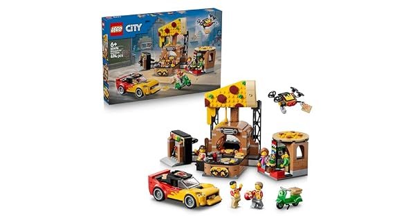 LEGO City Experiencia de Pizza a Domicilio con Vehculos  Coche Moto y Dron de Juguete Comida Mquina Recreativa y 4 Minifiguras  Regalo de Cumpleaos para Nios de 6 Aos  60496