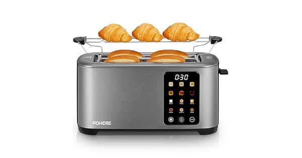 Tostadora 2 Ranuras largas y anchas 9 Niveles de dorado Posiciones Tostado con Control de Pantalla Tctil Soporte para Panecillos y Bandeja RecogemigasCancelacinDescongelacinRecalentamiento