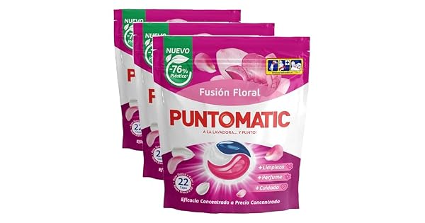 PUNTOMATIC  Cpsulas Tricmara Floral  Detergente Lavadora para Ropa Blanca y de Color  Quitamanchas  22 lavados Paquete de 3