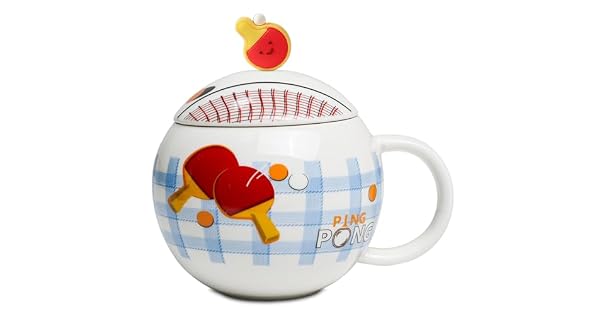 ZONSUSE Taza de Caf Tenis de Mesa Divertida Taza Esfrica Creativa para Desayuno Mug de Cermica con Tapa para Leche T Chocolate Regalo Original para Hombre Mujer Cumpleaos 420ml Pingpong