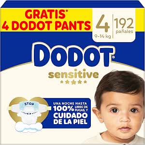 Dodot Sensitive Baby Diapers, Size 4 (9-14 kg), 192 Nappies + 4 Gift Pants