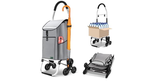 VOUNOT Carrito Compra Plegable de Aluminio Carro de la Compra 6 Ruedas con Bolsa Oxford Desmontable y Ganchos 58L Gris