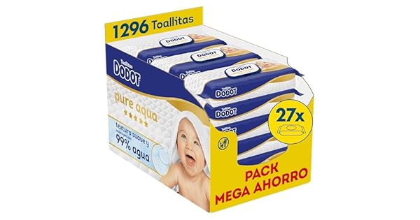 Dodot Toallitas Pure Aqua Para Beb 1296 Toallitas 9 Packs de 48 Unidades Paquete de 3 Ayuda A Restaurar El PH Natural De La Piel 99 Agua Sin plstico